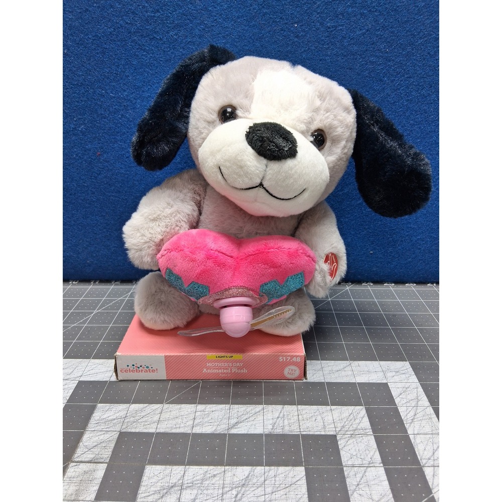 Way Celebrate Animated Mother's Plush Puppy Grey Pink Heart Light Up Propeller